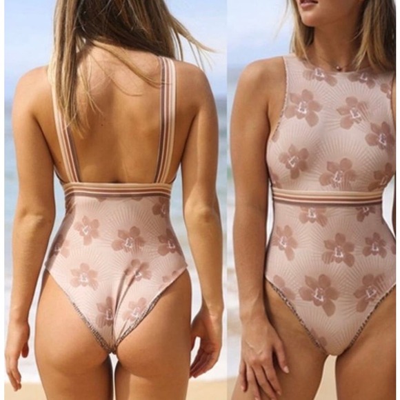 Acacia Swimwear France Elastic Full One Piece Floral Pink and Brown Size Medium - Picture 7 of 7